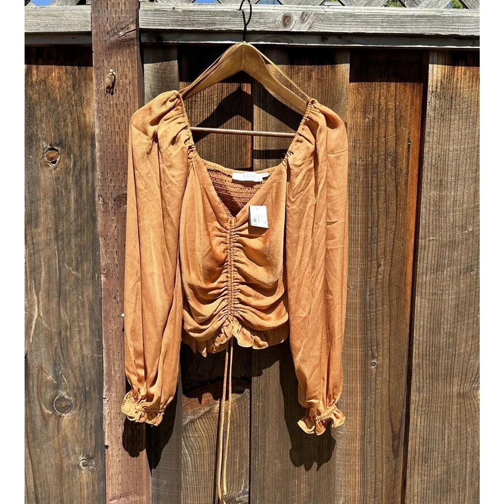NWT ASTR the label LOVE SONG RUCHED FRONT LONG SLEEVE TOP Apricot Med - Picture 2 of 9